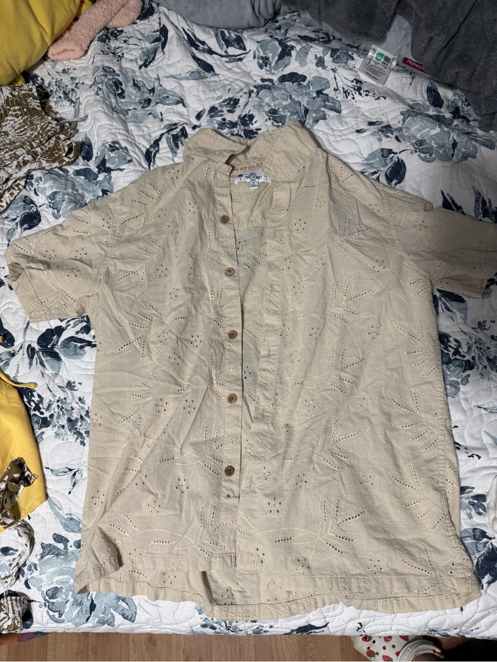 Free Planet Beige Eyelet Short-Sleeve Button-Down Shirt